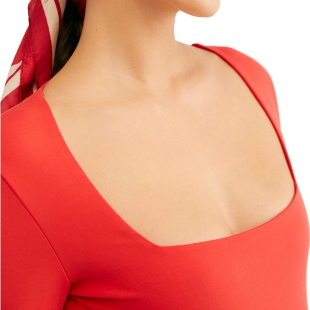 New Red Long Sleeves Cozy Square Neck Bodysuit - Picture 5 of 8